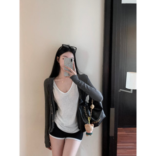 Grey Knitted Hooded Cardigan Hemp Tank Top Sports Shorts Set Thin Coat