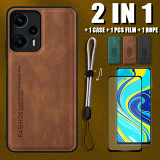 2 IN 1 เคสหนังหรูหรา พร้อมตัวป้องกันหน้าจอเซรามิค และสายคล้อง ปรับได้ สําหรับ Xiaomi poco F5