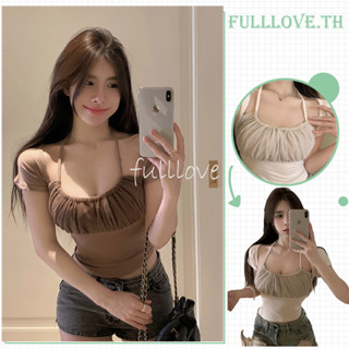 Fulllove Y2K เสื้อยืด แขนสั้น สีพื้น เซ็กซี่ สไตล์เกาหลี สําหรับผู้หญิง เสื้อยืด เซ็กซี่อกตูม แต่งสายห้อยคอcroptop