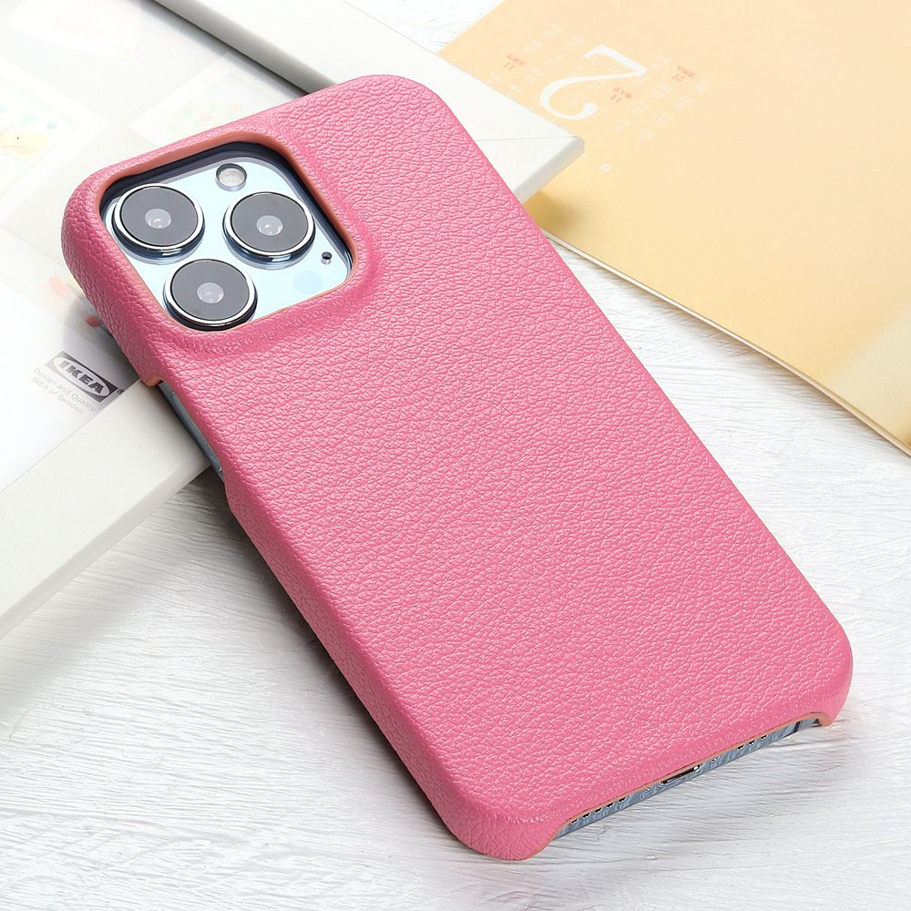 สีชมพูลิ้นจี่ Grain PU หนังสําหรับ iPhone 16 15 14 11 12 13 Pro Max Mini XR X XS ฮาร์ดกันกระแทก