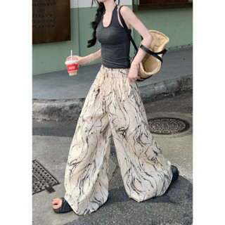 Polyester linen cotton retro ink painting printed wide leg casual pants summer drape floor mop pants