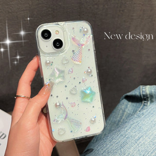 เคสโทรศัพท์มือถือ แบบใส ลายนางเงือก ประดับไข่มุก กลิตเตอร์ หรูหรา สําหรับ iPhone 14 13 12 11 Pro Max X XS Max 7 8 Plus Mini SE