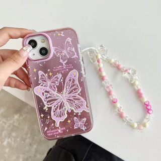 เคสโทรศัพท์มือถือ ลายผีเสื้อ พร้อมสายโซ่คล้อง สีโรสโกลด์ สําหรับ iPhone 11 12 12pro 12promax 13 13pro max 14 14pro 14promax