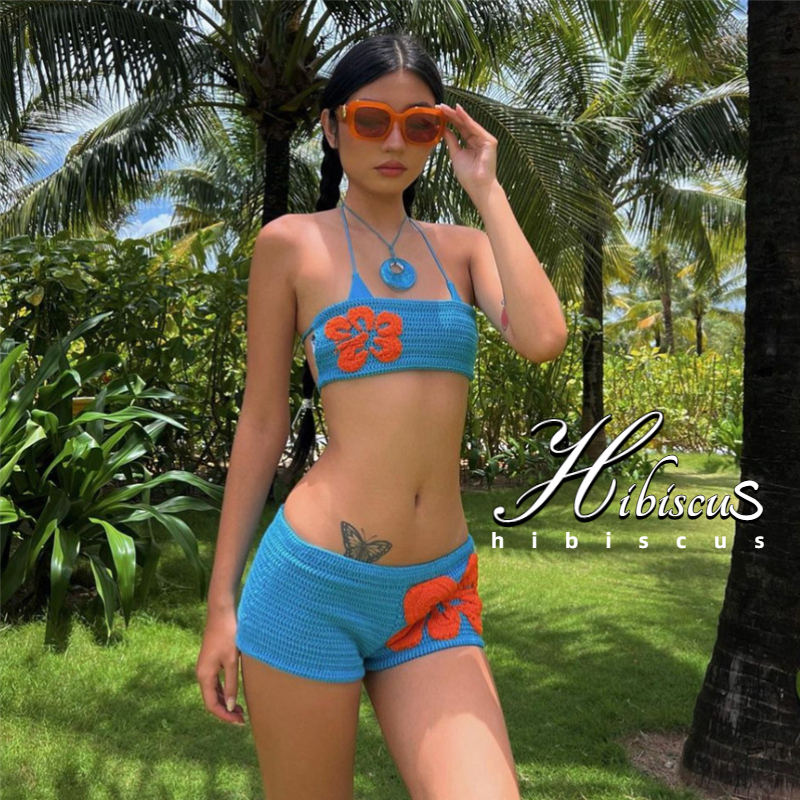 Hibiscus- ชุดเสื้อแขนกุด เปิดไหล่ และกางเกงขาสั้น เอวต่ํา ผ้าถัก แฟชั่นฤดูร้อน สําหรับผู้หญิง 2 ชิ้น – โปรปัง