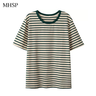 Mhsp เสื้อยืดคอกลม แขนสั้น ลายทาง สไตล์เรโทร