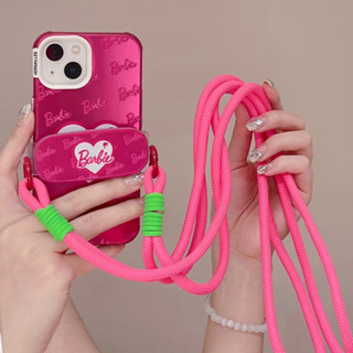 เคสiPhone 14 Pro Max 13 Pro 12 Pro Max iPhone 11 โทรศัพท์มือถือ TPU แบบนิ่ม ลายบาร์บี้ สีชมพู พร้อมสายคล้อง สําหรับ