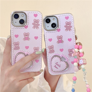 เคสโทรศัพท์มือถือนิ่ม ลายการ์ตูนหมี หัวใจ มีกระจก สําหรับ iPhone 11 12 13 14 PRO MAX iPhone14 iPhone14Pro iPhone14Promax