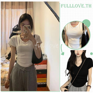 Fulllove เสื้อยืดสีขาวผู้หญิง/แขนสั้นรอบคอ ดูผอมลง นุ่มมาก Y2K crop top