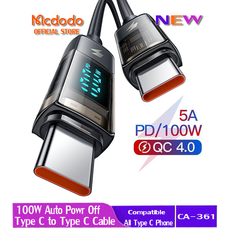 Mcdodo ที่ชาร์จ 100W 5A Type C เป็น Type C (สายเคเบิลปิดอัตโนมัติ) ชาร์จเร็ว สําหรับ huawei realme CA-361