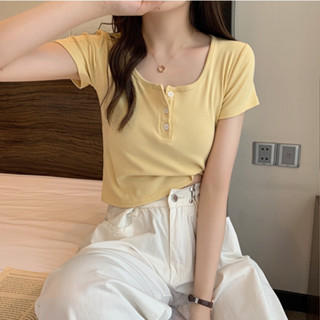 Suxi เสื้อครอปท็อป แขนสั้น สีพื้น เรียบง่าย แฟชั่นฤดูร้อน