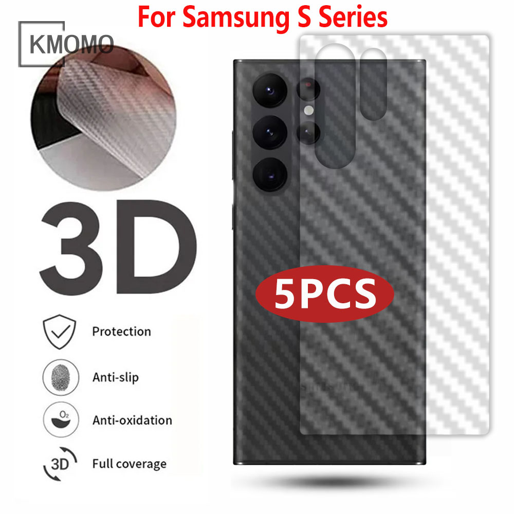 (ซื้อ 1 แถม 4)For Samsung Galaxy S24 Ultra S23 FE S22 Ultra S21 S20 FE Note 20 Ultra S10e S10 Plus S9 Note 10 Lite 9 Plus 3D คาร์บอนไฟเบอร์ฟิล์มกันรอยด้านหลังแบบนิ่ม