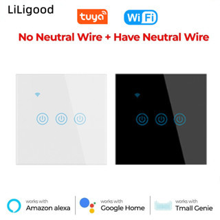 Liligood Tuya Wi-Fi Rf433Mhz สวิตช์ไฟติดผนัง แบบสัมผัส ไม่มีสายกลาง และ 1 2 3 4 Gang Tmall Genie Smart Life App ทํางานร่วมกับ Amazon Alexa Google Home รีโมตคอนโทรล