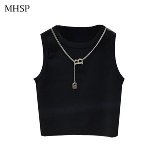 Mhsp ขายดี เสื้อครอปแขนกุด เอวสูง ลายทาง ฤดูร้อน สไตล์ใหม่ เข้ารูป สําหรับผู้หญิง