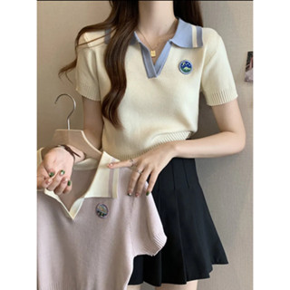 ใหม่ เสื้อกันหนาวโปโล แขนสั้น คอปก เข้ารูป สไตล์ฝรั่งเศส สําหรับผู้หญิง 2023