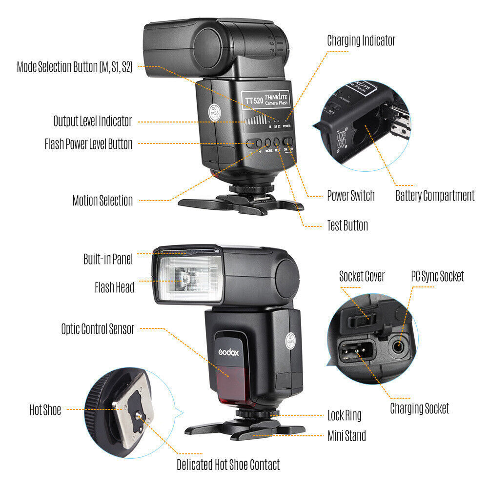 Godox TT520II แฟลชกล้องไร้สาย HSS Speedlite สําหรับ Canon Nikon Fujifilm Olympus