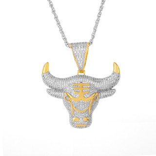 Men Jewelry Gold Necklace Bull Head Pendant Rhinestone Decoration