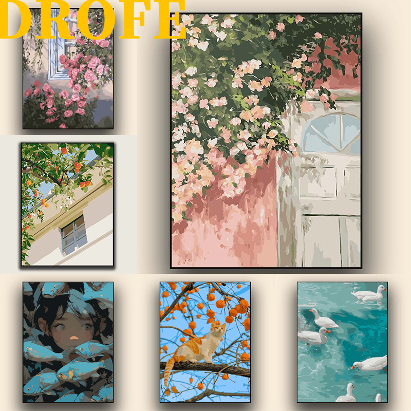 Drofe ระบายสีตามตัวเลข ภาพระบายสีตามตัวเลข แบบขึงเฟรมไม้ งานศิลปะ DIY painting by numbers ภาพสวยๆ