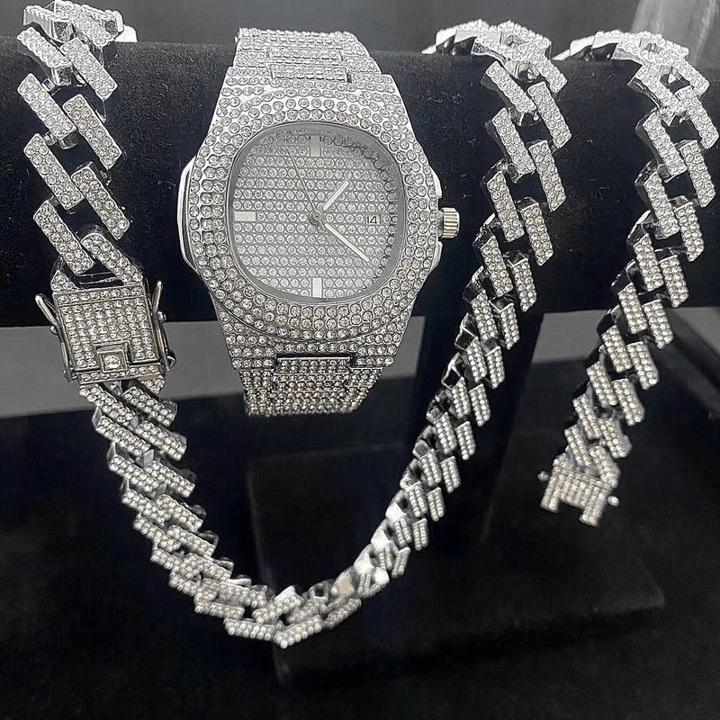 2025สร้อยคอ Hip Hop นาฬิกาผู้ชายพร้อมโซ่ Ice Watch Set สร้อยคอเพชรผู้ชาย เครื่องประดับผู้ชาย Hip Hop