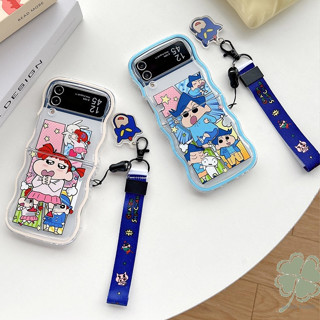 เคสโทรศัพท์ ซิลิโคน TPU นิ่ม แบบใส ขอบหยัก ลายการ์ตูนน่ารัก พร้อมสายคล้อง กันกระแทก สําหรับ Samsung Galaxy Z Flip 3 Flip 4 Flip 5