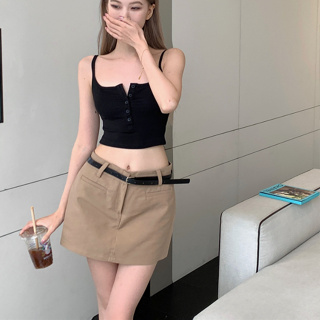 Fashionable retro sexy black strap top+high waisted skirt