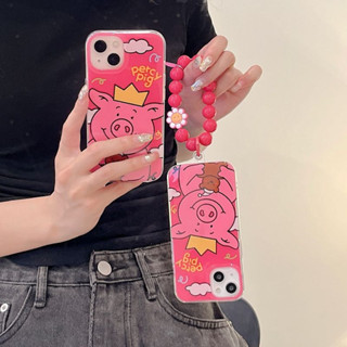 ใหม่ เคสโทรศัพท์มือถือ ลายการ์ตูนหมูบาร์บี้น่ารัก สีชมพู พร้อมสายโซ่ลูกปัด สําหรับ iPhone 14Pro max case 13Pro max 12Pro max 14Pro 13Pro 12Pro 11 12 13 14 case