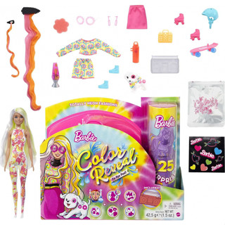 Barbie Toys, Color Reveal Doll, Totally Neon Fashions with Yellow-Streaked Platinum Hair &amp; 25 Surprises Including Color Change​​​​ HCD26 ตุ๊กตาบาร์บี้ ผ้านีออน เปิดเผยสี ผมแพลตตินัม สีเหลือง และเซอร์ไพรส์ 25 สี​​​​ Hcd26