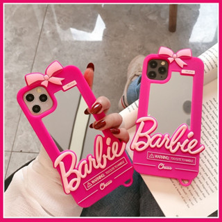 เคส iPhone 14 Pro Max 13 Pro 12 Pro Max 11 XS Max XR i7 i8 Plusโทรศัพท์มือถือ ซิลิโคนนิ่ม กันกระแทก พร้อมกระจกแต่งหน้า และสายคล้อง ประดับขนเฟอร์ สีชมพู สําหรับ