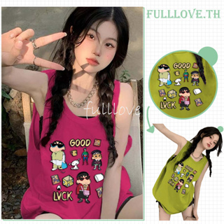 Fulllove  เสื้อกีฬาฤดูร้อนคอกลมนักเรียนกลางความยาวย้อนยุคตัวอักษรพิมพ์หลวมเสื้อยืดแขนกุดด้านบนผู้หญิง