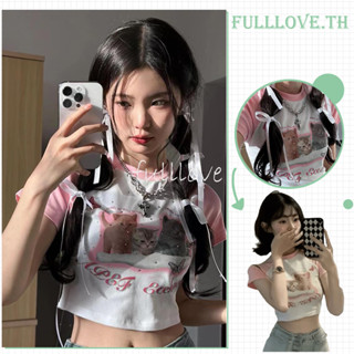Fulllove เสื้อครอปสีชมพู เสื้อยืดครอปท็อป แขนสั้น เอวสูง เซ็กซี่ สไตล์อเมริกันเรโทร สําหรับผู้หญิง y2k crop top