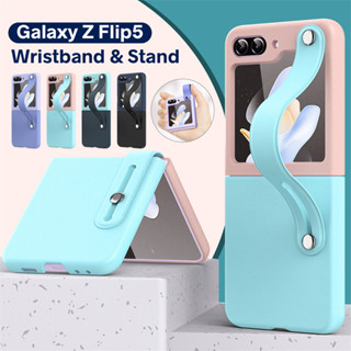 เคสโทรศัพท์มือถือหนัง PU แบบแข็ง พับได้ พร้อมสายคล้องข้อมือ สําหรับ Samsung Galaxy Z Flip 5 Z Flip 4 Z Flip 3