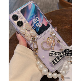 Oppo Find N2 เคสโทรศัพท์มือถือแบบแข็ง ฝาพับ ประดับโบว์ และเพชร 3D แฮนด์เมด พร้อมสายคล้องข้อมือ และสายคล้อง และสายคล้องไข่มุก สําหรับ OPPO Find N2