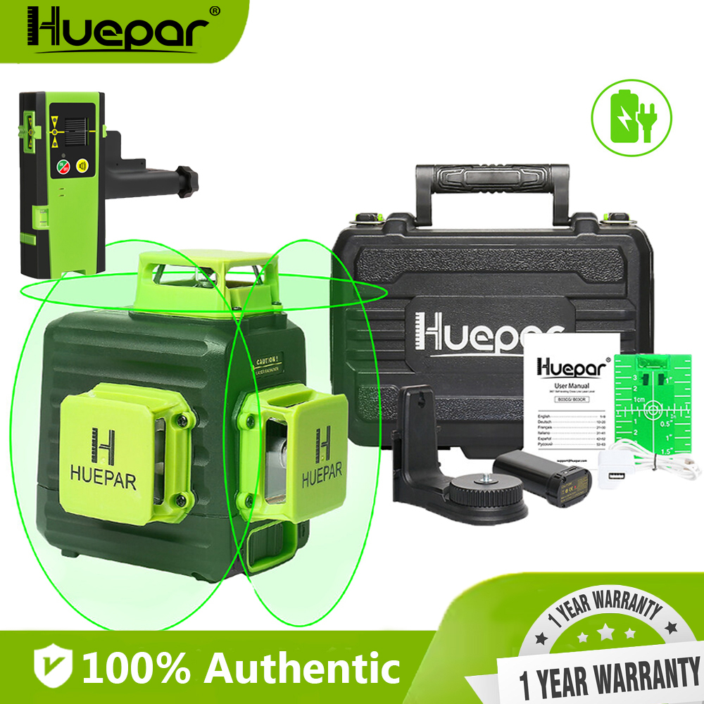 Huepar แบตเตอรี่ลิเธียมไอออน Green Beam ระดับเลเซอร์ระดับเริ่มต้น 12 เส้นพร้อมพอร์ตชาร์จ Type-C พร้อมตัวรับสัญญาณเลเซอร์