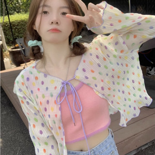 【พร้อมส่ง】 ชุดเซ็ท  เสื้อสายเดี่ยว+เสื้อคลุมแขนยาว ทรงเรียบๆ ดีเทลผูกสายหน้าอก  รูปแบบจุดคลื่นสี ผ้านิ่มใส่สบาย