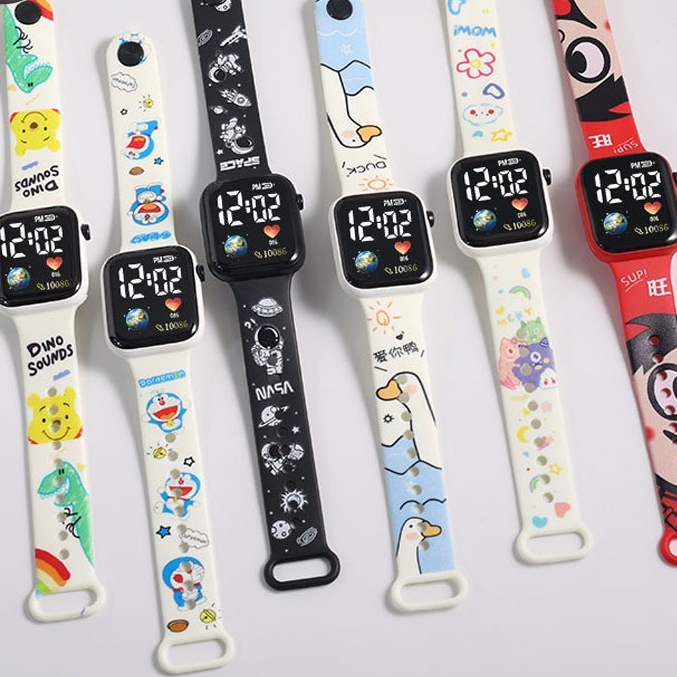 นาฬิกาข้อมืออิเล็กทรอนิกส์ LED ทรงสี่เหลี่ยม พิมพ์ลายการ์ตูน แฟชั่นทันสมัย สําหรับเด็กนักเรียน