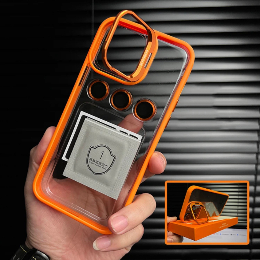 【Metal Bracket/Metal lens film/Clear hard case/Orange】เคส compatible for iPhone 11 12 13 14 pro max case