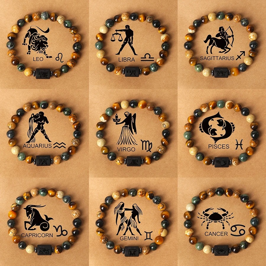 สร้อยข้อมือลูกปัดหินออบซิเดียน 12 กลุ่มดาว 12 กลุ่มดาว สําหรับผู้ชาย และผู้หญิง
