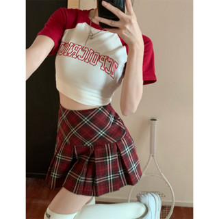 Spicy Girls Set Colored Short Open Navel T-shirt+Checkered Pleated Skirt