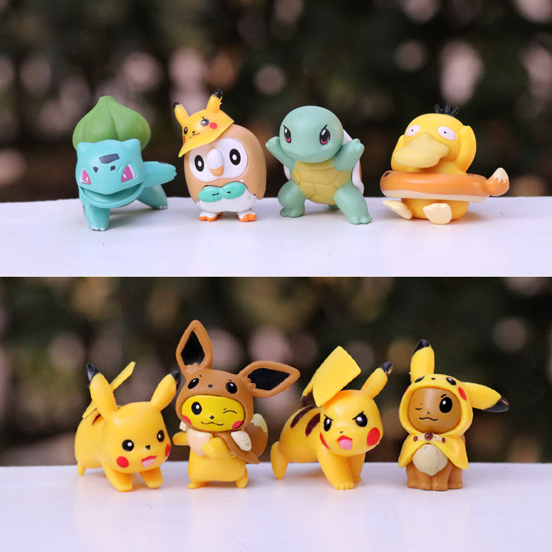 8 ชิ้น/เซ็ต 4-5 ซม.อะนิเมะรูป Pikachu Eevee Psyduck Bulbasaur Squirtle Rowlet รุ่น Q PVC ตัวเลขการกระทําตุ๊กตาของเล่นเด็กของขวัญ