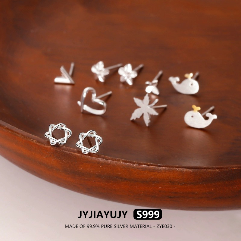 Jyjiayujy ต่างหูสตั๊ด เงินแท้ 100% S999 รูปหัวใจ ดาว ดอกไม้ 18 แบบ เครื่องประดับสตรี ของขวัญ ZYE030