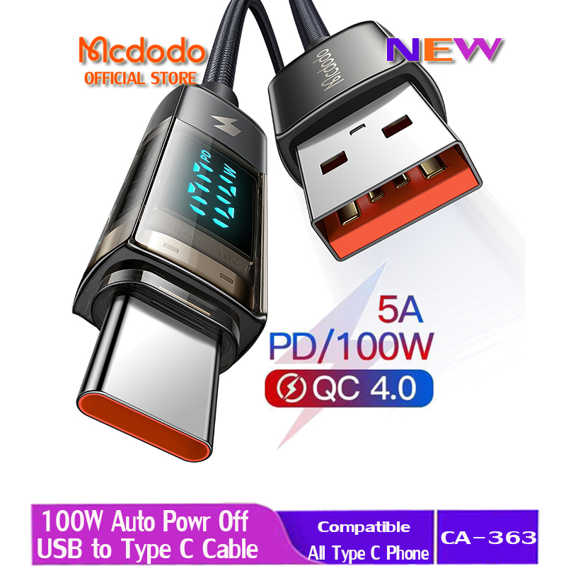 Mcdodo สายเคเบิล USB เป็น Type C 100W (สายเคเบิลข้อมูลปิดอัตโนมัติ) ชาร์จเร็ว สําหรับ huawei realme CA-363