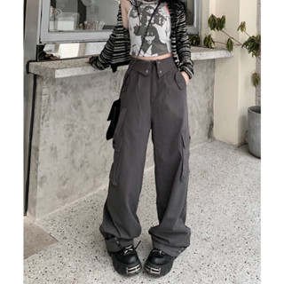 Cargo pants womens American street flip waist straight trousers loose wide leg pants