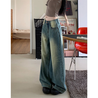 Fashionable girls skateboard pants! Film sensation yellow blue washed silhouette slimming jeans