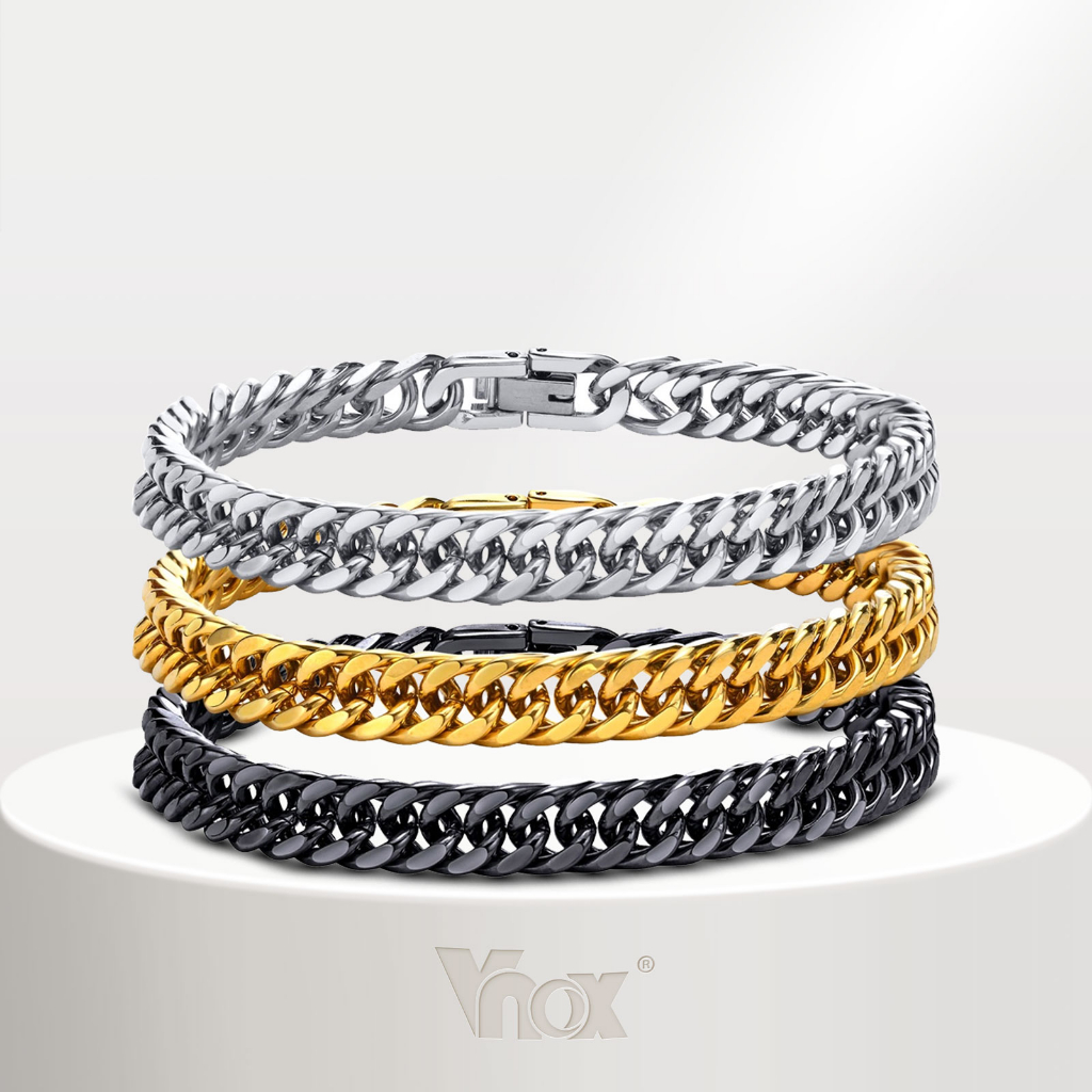 Vnox Brand สร้อยข้อมือโซ่ สเตนเลสถักสองชั้น สีดํา เครื่องประดับแฟชั่นผู้ชาย