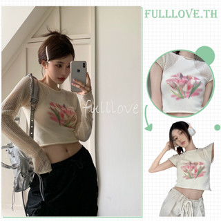 Fulllove เสื้อยืด แขนยาว เสื้อเชิ้ตแขนสั้น ดีเทลลายดอกทิวลิปน่ารักมาก y2k crop top