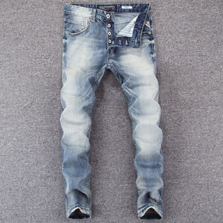 European fashion trendy men slim fitting jeans with retro light blue button placket design star style high-quality men denim pants