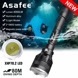 Asafee ไฟฉายดําน้ํา XHP70.2 4000LM 80 ม. แบตเตอรี่ 18650 สีขาว สําหรับดําน้ําลึก