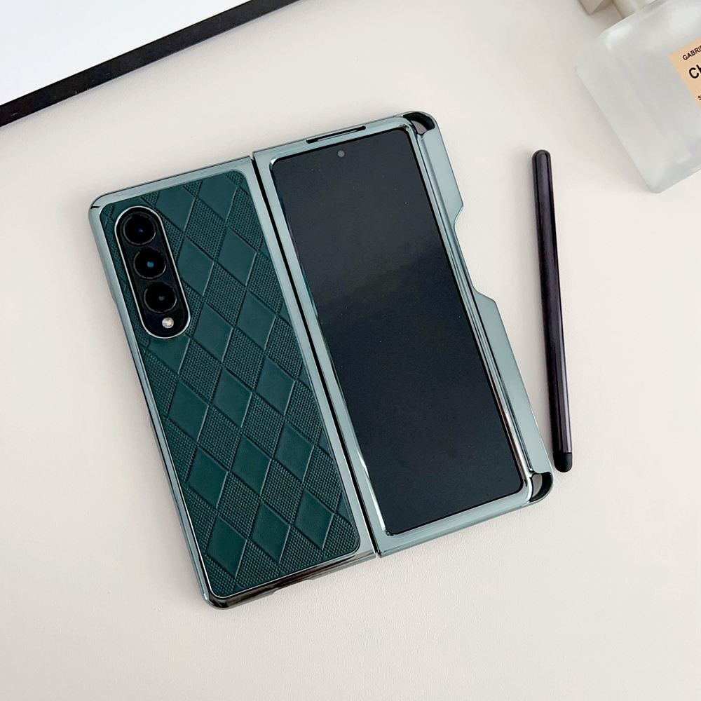 เคสโทรศัพท์มือถือ PC แข็ง หนัง PU ลายสี่เหลี่ยมขนมเปียกปูน พร้อมปากกา S สําหรับ Samsung Galaxy Z Fold 4 3 5