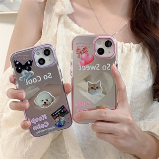 เคสโทรศัพท์มือถือแบบกระจกใส ลายลูกสุนัข แมว กาแฟนมน่ารัก สําหรับ iPhone 13 Pro Max 11 12 13 14 Pro Max 14