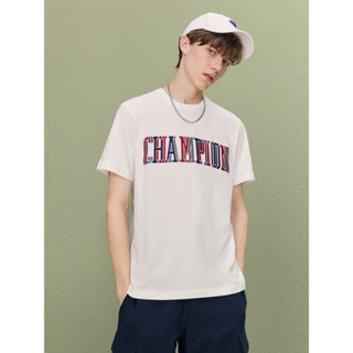 Champion เสื้อยืดคู่รัก ผู้ชาย ใหม่ อเมริกัน คมชัด ตัวอักษร ผ้าฝ้ายแท้ แขนสั้น ผู้หญิง