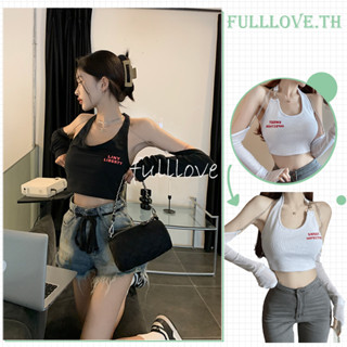 Fulllove แขนกุดเปิดไหล่ครึ่งแขนสําหรับผู้หญิง เซ็กซี่ เสื้อสายเดี่ยวคล้องคอ Y2K crop top